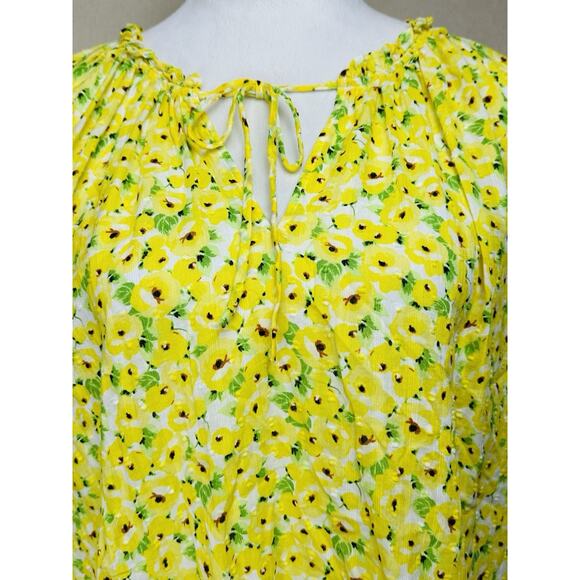 LOFT Yellow Floral Clip Tie Neck Blouse Ruffle Flowy Boho Large Peasant - Picture 2 of 14
